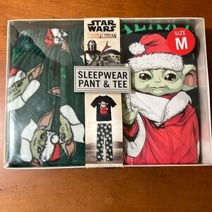 Men’s sleepwear. Fleece pants and a cotton and polyester blend t- shirt